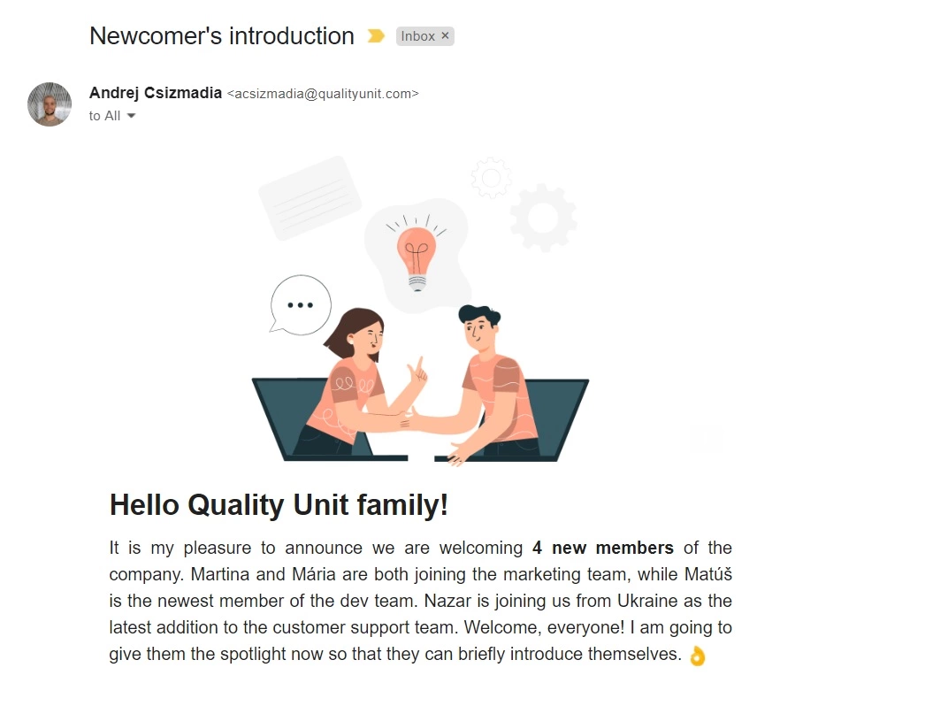 Quality Unit uue töötaja tutvustav kiri