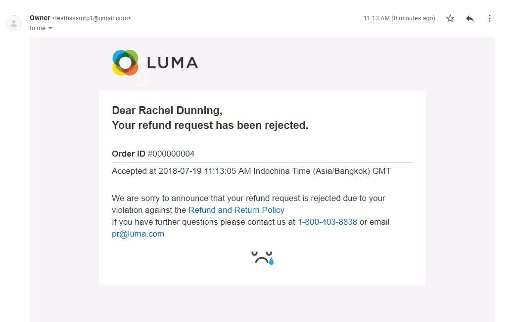 Tagastamise taotluse tagasilükkamise e-posti näide