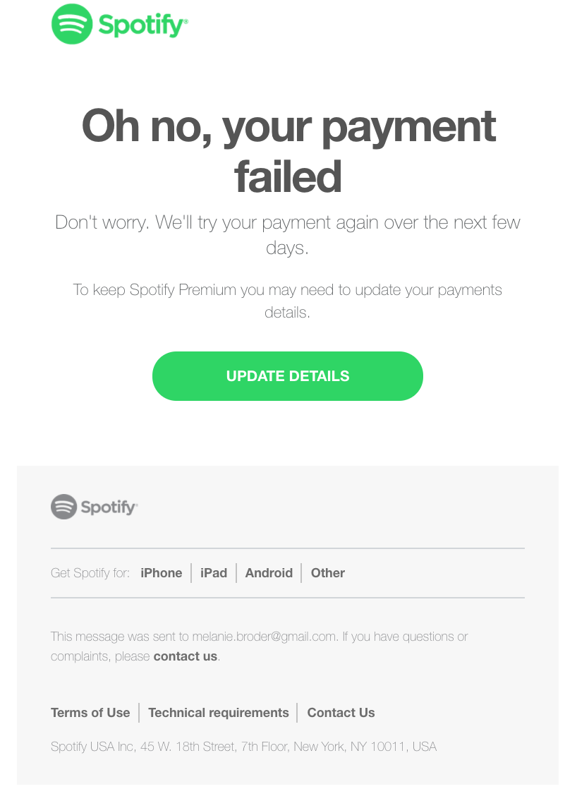 Spotify dunning e-posti näide