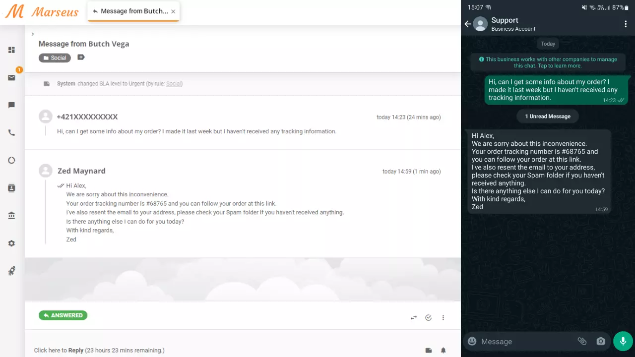 WhatsAppi sõnum kuvana piletina LiveAgentis