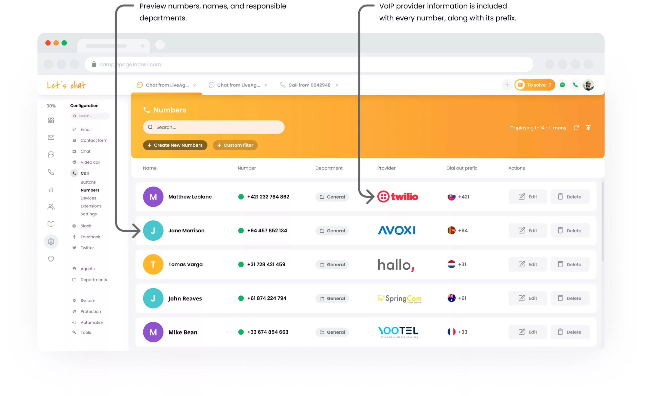 LiveAgent'i kõnekeskuse numbrite seadistamine