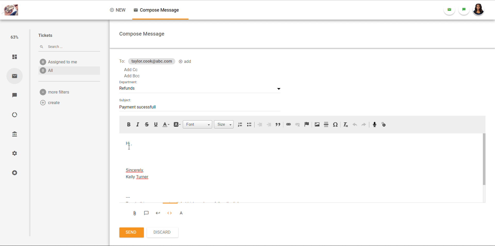 Piletisüsteemi liidese ülevaade LiveAgentis.